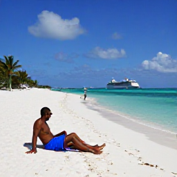 Caribbean Holidays, August Cruises, Visitors relaxing on a wide white-sand beach beside clear turquoise water at Grand Turk, with palm trees and a cruise ship in the distance