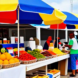 Caribbean Holidays, August Culture Holidays, Open-air Caribbean market in Marigot, Saint-Martin, with colourful stalls of spices, fruit, crafts and local food under bright umbrellas