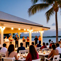 Caribbean Holidays, August Culture Holidays, Relaxed evening cultural scene on the Caribbean waterfront in August, with live music, outdoor dining and people enjoying the warm atmosphere