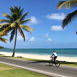 Caribbean Holidays, August Cycling, Cyclist exploring a peaceful Tobago coastal road with turquoise sea, sandy beach and coconut palms