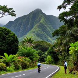 Caribbean Holidays, August Cycling, Cyclist stopping beside a lush rainforest road in Trinidad, with dramatic green mountains and misty tropical vegetation