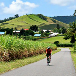 Caribbean Holidays, August Cycling, Cyclist travelling through lush Barbados countryside, sugar cane fields, village roads and gentle rolling hills under a bright tropical sky