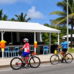 Caribbean Holidays, August Cycling, Cyclists stopping outside a friendly Barbados roadside cafe with bicycles, fresh fruit, rum punch and tropical scenery