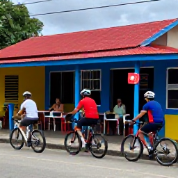 Caribbean Holidays, August Cycling, Friendly cyclists enjoying local Trinidad and Tobago food at a colourful roadside caf&eacute; after a ride