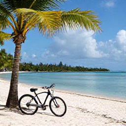 Caribbean Holidays, August Cycling Holidays, Bicycle resting near a sandy Caribbean beach with calm turquoise water and palm trees in the Grenadines