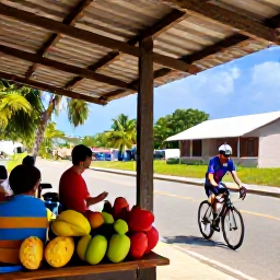 Caribbean Holidays, August Cycling Holidays, Cyclist enjoying a shaded roadside caf&eacute; stop with tropical fruit and Caribbean village surroundings