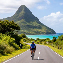 Caribbean Holidays, August Cycling Holidays, Cyclist riding a quiet coastal road beside turquoise sea and lush green hills on Saint Vincent