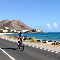 Caribbean Holidays, August Cycling Holidays, Cyclist riding along a sunny Cura&ccedil;ao coastal road with turquoise sea, dry hills and colourful buildings