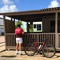 Caribbean Holidays, August Cycling Holidays, Cyclist stopping beside a shaded caf&eacute; with a bicycle outside in Cura&ccedil;ao