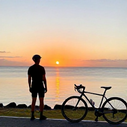Caribbean Holidays, August Cycling Holidays, Cyclist watching sunset over a calm Cura&ccedil;ao bay with a bicycle in the foreground