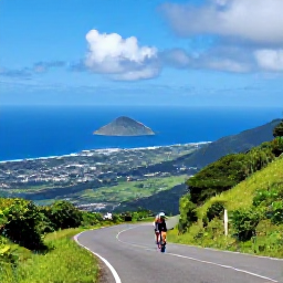 Caribbean Holidays, August Cycling Holidays, Road cyclist climbing a green mountain road with panoramic views over Saint Vincent coastline