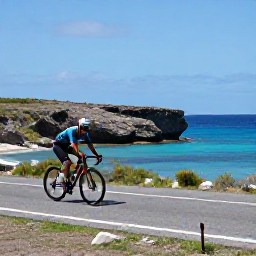 Caribbean Holidays, August Cycling Holidays, Road cyclist passing rugged coastline and calm blue bays in western Cura&ccedil;ao