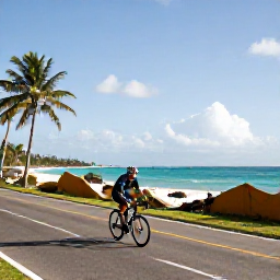Caribbean Holidays, August Cycling, Road cyclist riding along a quiet coastal road in Barbados during a sunny August morning, turquoise sea and palm trees nearby