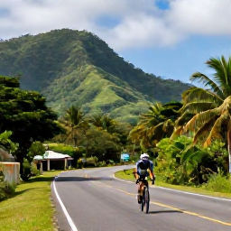 Caribbean Holidays, August Cycling, Road cyclist riding along a quiet tropical coastal road in Trinidad and Tobago in August, green hills and palms nearby