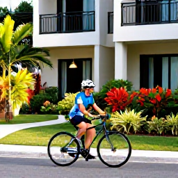 Caribbean Holidays, August Cycling, Well-equipped cyclist preparing a bike beside a Caribbean hotel in Trinidad and Tobago, with tropical gardens and morning sunlight