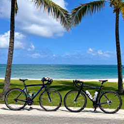 Caribbean Holidays, August Cycling, Well-equipped road bicycles beside a Barbados beach hotel, with palm trees, cycling helmets and calm blue sea in the background