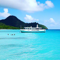 Caribbean Holidays, August Diving, A dive boat anchored above a calm turquoise bay in the Grenadines, with snorkellers and lush green islands in the background