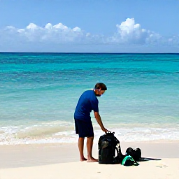 Caribbean Holidays, August Diving, A friendly dive guide preparing equipment beside a tropical beach in the Dominican Republic