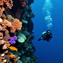 Caribbean Holidays, August Diving, Divers descending beside a steep volcanic wall with sponges, corals and tropical fish near Dominica