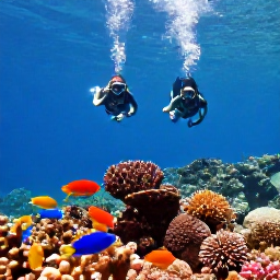Caribbean Holidays, August Diving, Divers swimming above a vibrant coral reef with tropical fish near Punta Cana, Dominican Republic