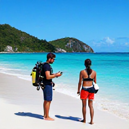 Caribbean Holidays, August Diving, Friendly Caribbean dive instructor checking scuba equipment with a holidaymaker on a sandy beach in Saint Vincent and the Grenadines
