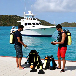 Caribbean Holidays, August Diving, Friendly scuba diving instructors preparing equipment beside a boat in a tropical British Virgin Islands harbour