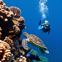 Caribbean Holidays, August Diving Holidays, Divers descending beside a coral wall with tropical fish and sea turtles in the Caribbean