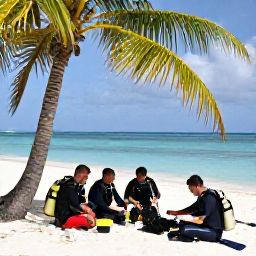 Caribbean Holidays, August Diving Holidays, Friendly scuba diving group preparing equipment beside a palm-fringed Caribbean beach