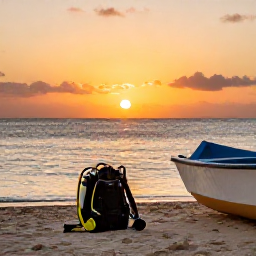 Caribbean Holidays, August Diving Holidays, Sunset over a Caribbean beach with scuba diving equipment drying beside a small boat