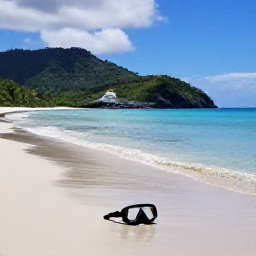 Caribbean Holidays, August Diving, Relaxed Caribbean afternoon on a quiet Montserrat beach with lush hills and a scuba mask beside the water