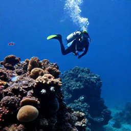 Caribbean Holidays, August Diving, Scuba diver exploring volcanic underwater rocks, coral growth and tropical fish near Montserrat