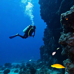 Caribbean Holidays, August Diving, Scuba divers descending beside a dramatic volcanic underwater wall near Saint Vincent, surrounded by tropical fish