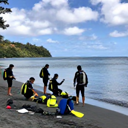 Caribbean Holidays, August Diving, Small group of scuba divers preparing equipment beside a calm black-sand beach in Dominica