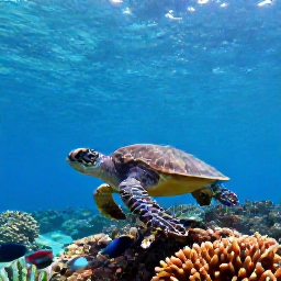 Caribbean Holidays, August Diving, Small sea turtle swimming above coral and tropical fish in a clear British Virgin Islands dive site