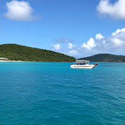 Caribbean Holidays, August Diving, Traditional Caribbean dive boat travelling between green islands under a sunny August sky in the British Virgin Islands