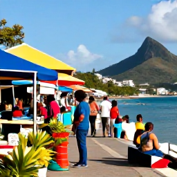 Caribbean Holidays, August Escapes, Colourful Kingstown waterfront in Saint Vincent with local market stalls, tropical plants and visitors enjoying a relaxed Caribbean afternoon