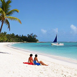 Caribbean Holidays, August Escapes, Couple relaxing on a quiet white-sand beach in the Grenadines, with calm turquoise water, palm trees and a small sailing boat offshore