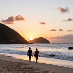 Caribbean Holidays, August Escapes, Romantic sunset over a quiet Grenadine beach, with two adults walking beside gentle waves and hills fading into the evening light