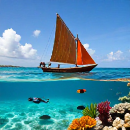 Caribbean Holidays, August Escapes, Traditional wooden sailing boat cruising between the Grenadine islands, with snorkellers viewing colourful coral and tropical fish in clear blue water