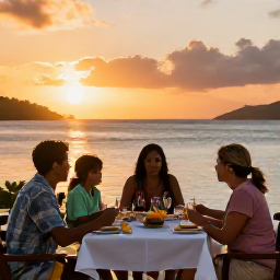 Caribbean Holidays, August Family Holidays, A family eating a relaxed Caribbean dinner outdoors near the sea as the sun sets over the British Virgin Islands