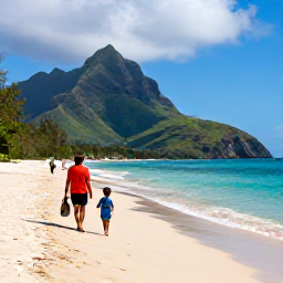 Caribbean Holidays, August Family Holidays, A family exploring a quiet Caribbean beach on Montserrat in warm August sunshine, with green hills and calm blue sea