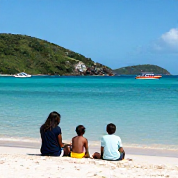 Caribbean Holidays, August Family Holidays, A family relaxing on a bright sandy beach with calm turquoise water, green hills and colourful boats in the British Virgin Islands