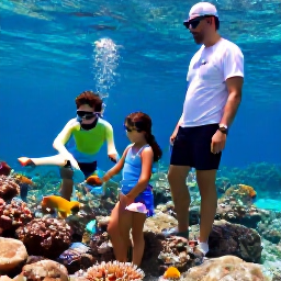 Caribbean Holidays, August Family Holidays, A family snorkelling excursion near a shallow coral reef in Turks and Caicos, colourful fish, clear blue water and a friendly guide