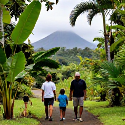 Caribbean Holidays, August Family Holidays, A family walking through lush tropical woodland in Montserrat with a local guide and volcanic landscape in the distance