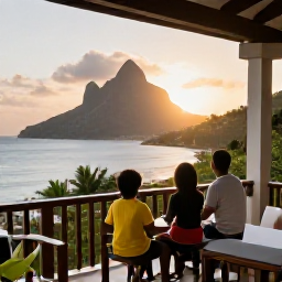 Caribbean Holidays, August Family Holidays, A family watching the sunset over Montserrat's Caribbean coastline from a comfortable hotel terrace