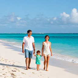 Caribbean Holidays, August Family Holidays, A happy family walking along Grace Bay Beach in Turks and Caicos during a bright August morning, turquoise water and soft white sand