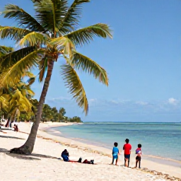 Caribbean Holidays, August Family Holidays, A relaxed family scene on a bright Trinidad and Tobago beach in August, palm trees, calm turquoise sea and children playing safely near the shoreline