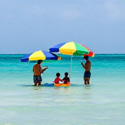 Caribbean Holidays, August Family Holidays, Children paddling in shallow clear water at Grace Bay Beach with parents nearby, colourful umbrellas and a calm Caribbean sea