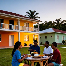 Caribbean Holidays, August Family Holidays, Family enjoying a friendly local meal in a colourful Montserrat village during a warm Caribbean evening