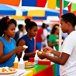 Caribbean Holidays, August Family Holidays, Family enjoying Trinidad and Tobago food and music at a colourful local market or festival, friendly atmosphere and Caribbean decorations